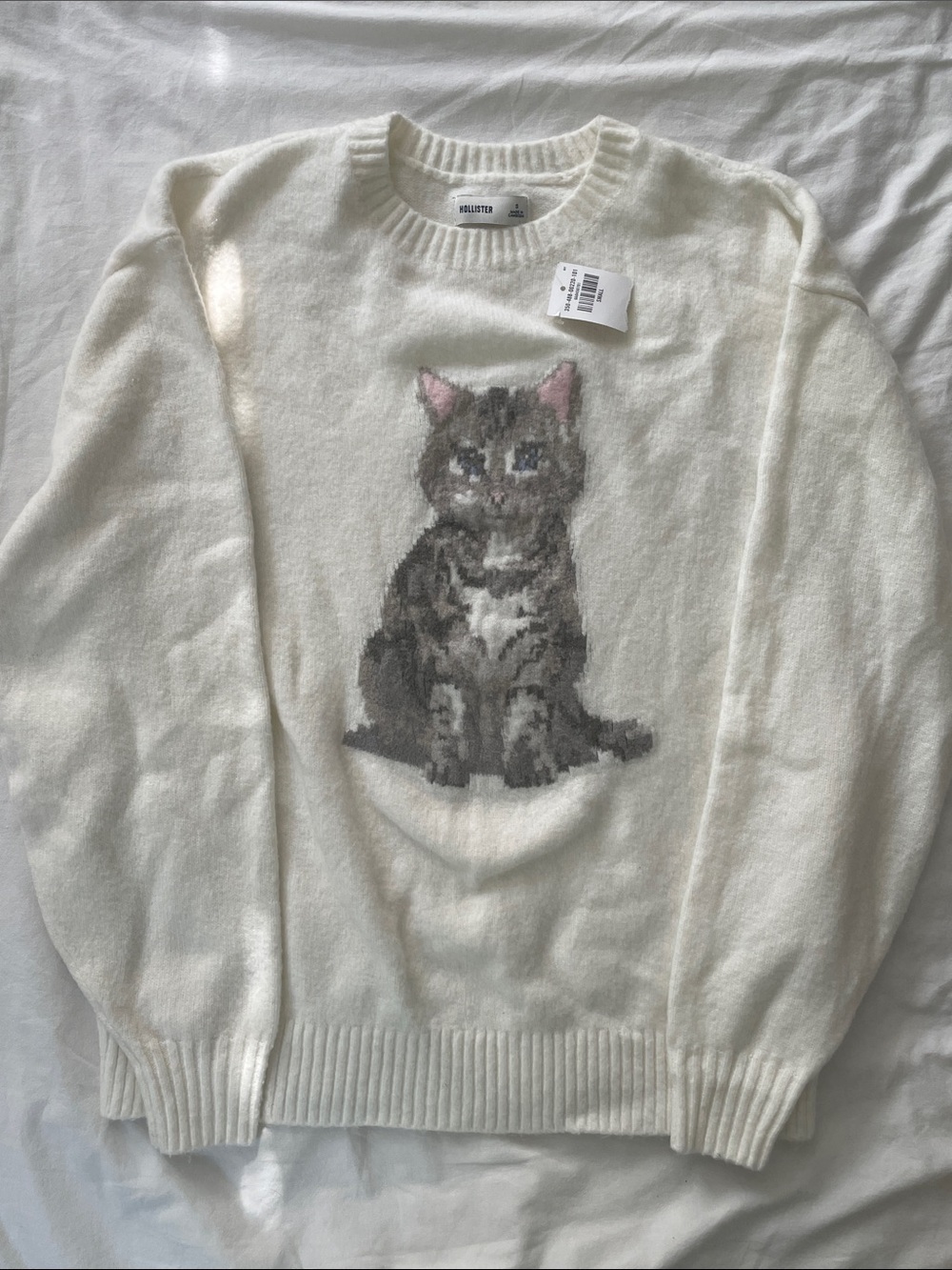 Hollister Cream Sweater with Gray Tabby Cat and Pink Ear Accents